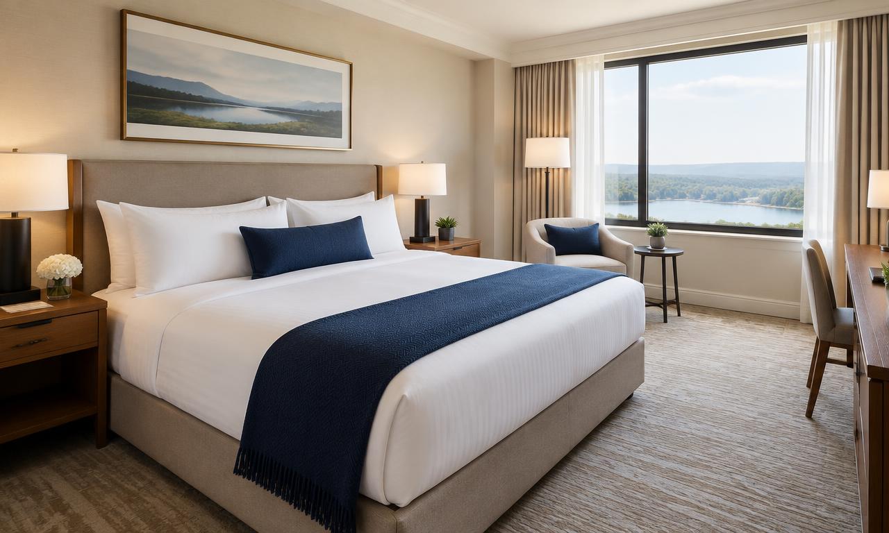 A bright, welcoming hotel room with a made-up king bed